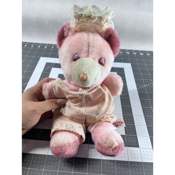Vintage 80s Cuddle Wit Pink Pink Bear In Pajamas With Lace Hat - Picture 1 of 7